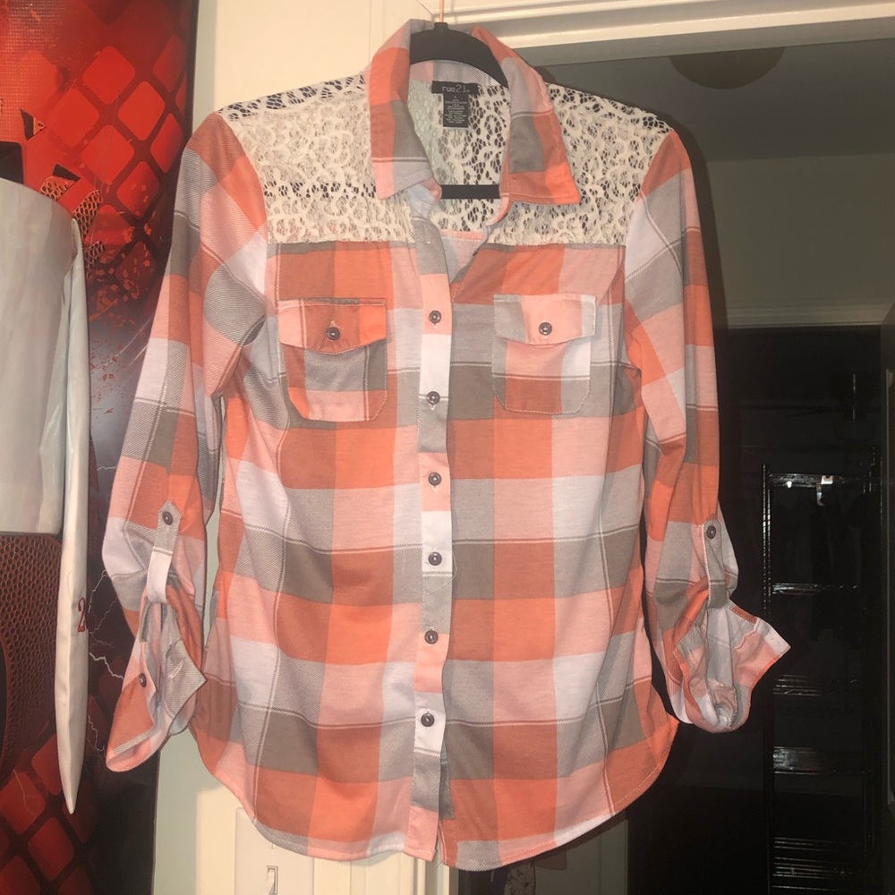 PLAID PEACH AND GREY BUTTON DOWN